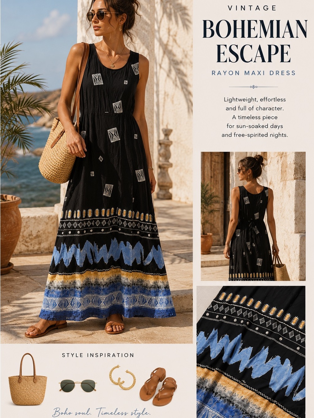 Bohemian Black Maxi Dress with Blue & Gold Border